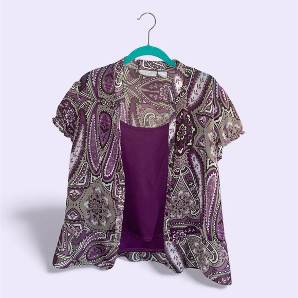 Worthington Tops - Worthington Purple and Gray Paisley Button Down Blouse with Purple Camisole